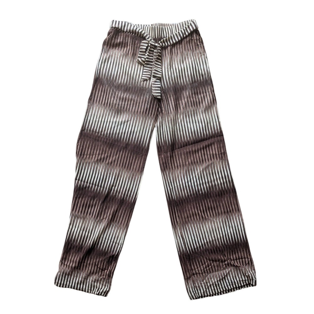 Sunsetions Brown Cream Striped Wide Leg Beach Pants M Boho Tie Waist - Picture 2 of 7